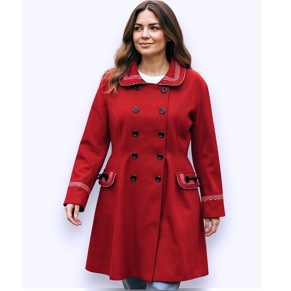 Red Gothic Coat Corset Back Lace Trim Double Breasted Victorian Lolita Womens M‎